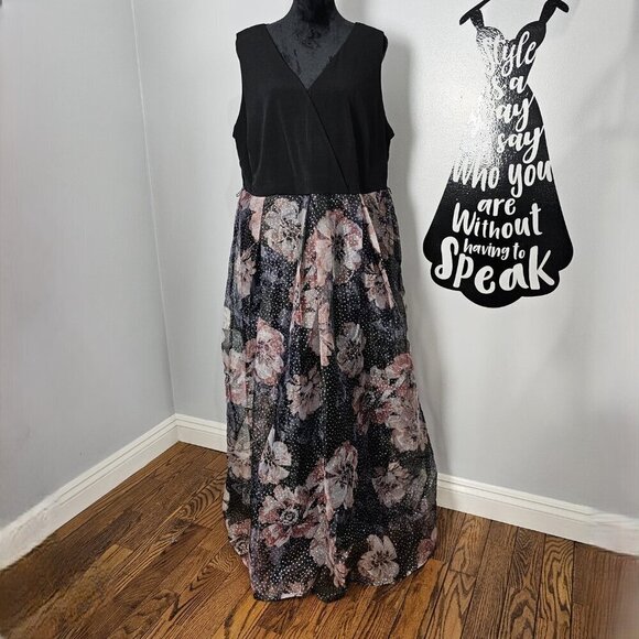 Candalite V Neck Sleeveless Floral Glitter Sheer Overlay Maxi Dress - Picture 1 of 7